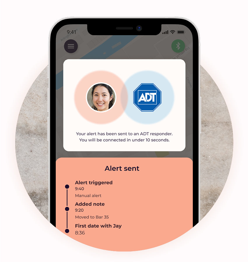 An iPhone showing the Callie Personal Safety app. The app shows someone sending an active alarm, which is being handled by ADT (as shown by a logo)